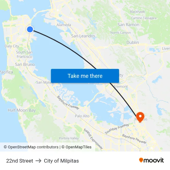 22nd Street to City of Milpitas map
