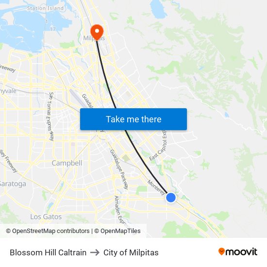 Blossom Hill Caltrain to City of Milpitas map