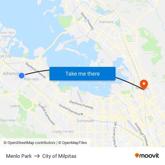 Menlo Park to City of Milpitas map