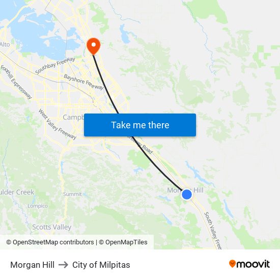 Morgan Hill to City of Milpitas map