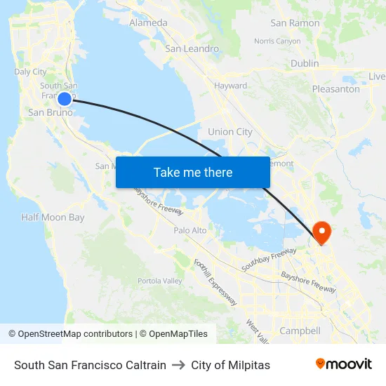 South San Francisco Caltrain to City of Milpitas map