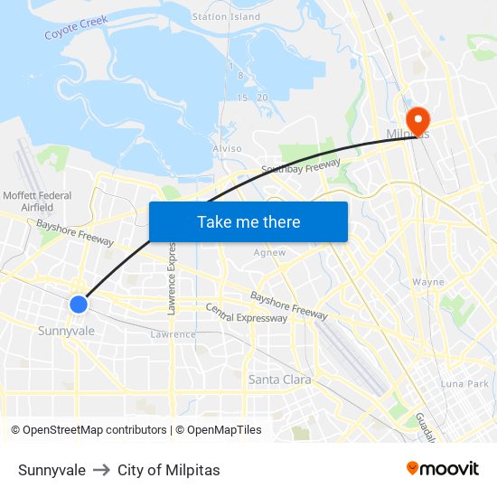 Sunnyvale to City of Milpitas map