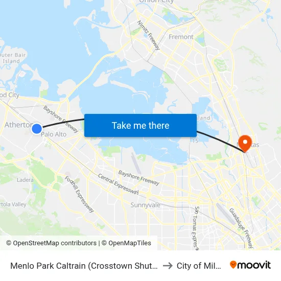 Menlo Park Caltrain (Crosstown Shuttle Stop) to City of Milpitas map