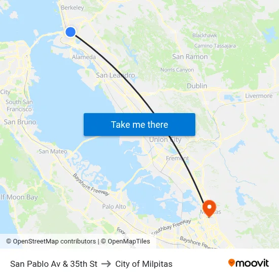 San Pablo Av & 35th St to City of Milpitas map