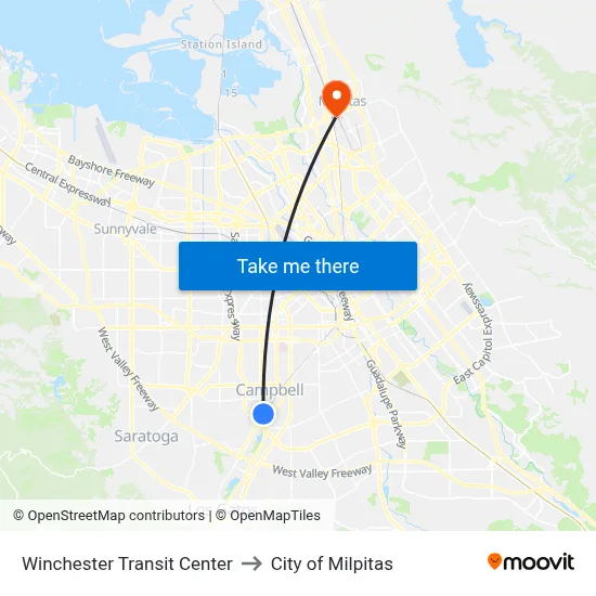 Winchester Transit Center to City of Milpitas map
