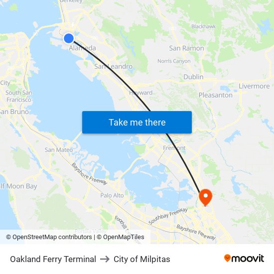 Oakland Ferry Terminal to City of Milpitas map