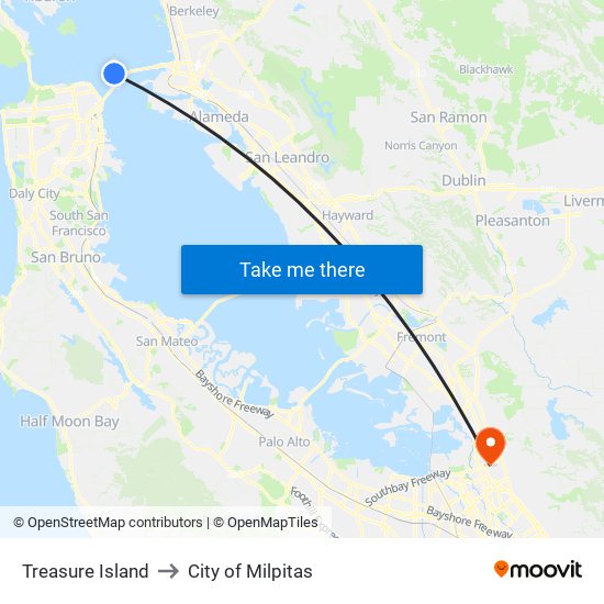 Treasure Island to City of Milpitas map