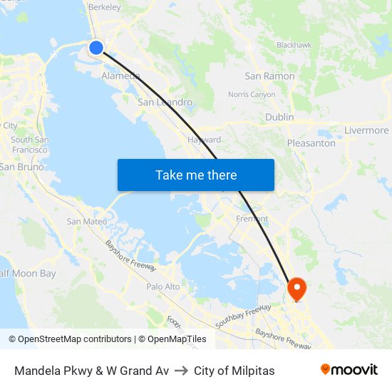 Mandela Pkwy & W Grand Av to City of Milpitas map