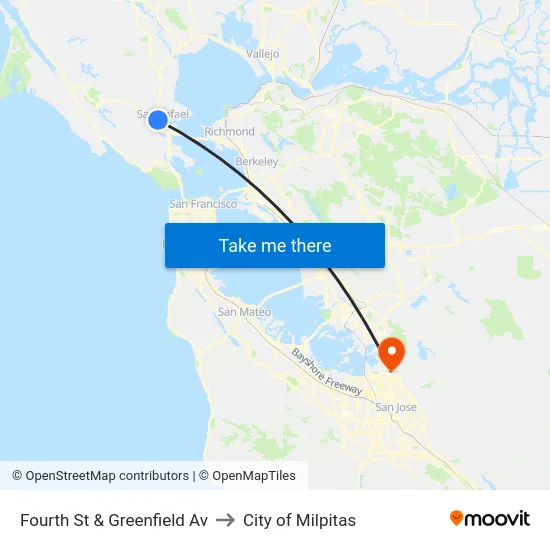 Fourth St & Greenfield Av to City of Milpitas map