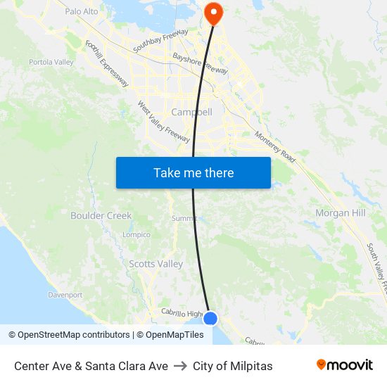 Center Ave & Santa Clara Ave to City of Milpitas map