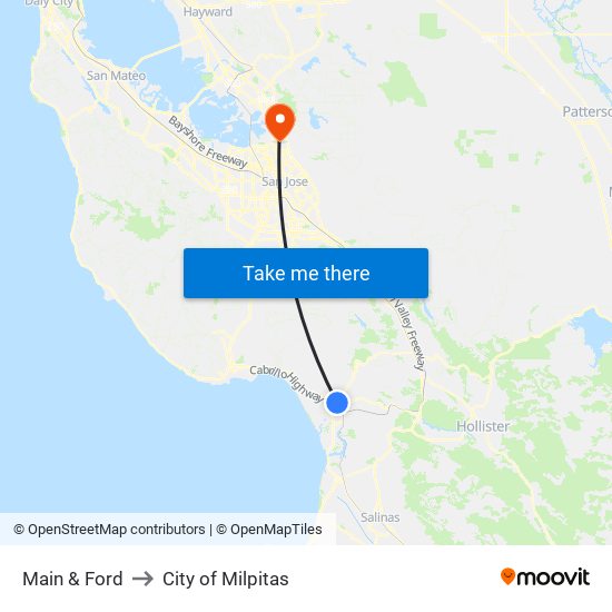 Main & Ford to City of Milpitas map