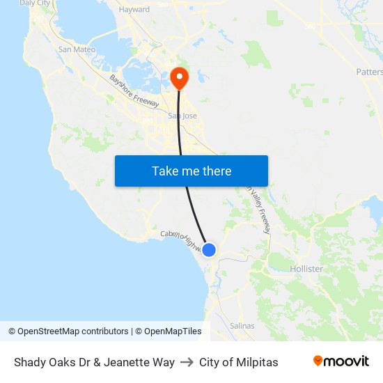 Shady Oaks Dr & Jeanette Way to City of Milpitas map