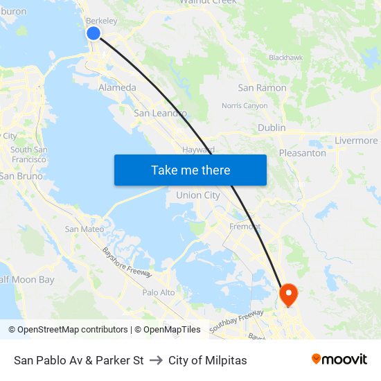 San Pablo Av & Parker St to City of Milpitas map