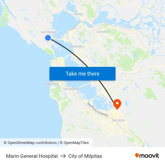 Marin General Hospital to City of Milpitas map