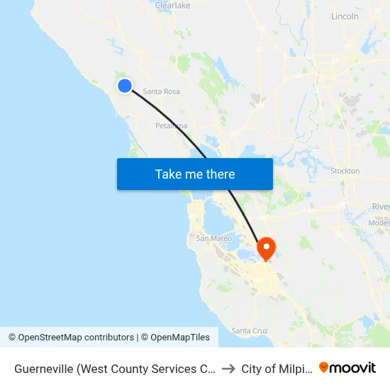 Guerneville (West County Services Center) to City of Milpitas map