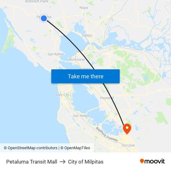 Petaluma Transit Mall to City of Milpitas map