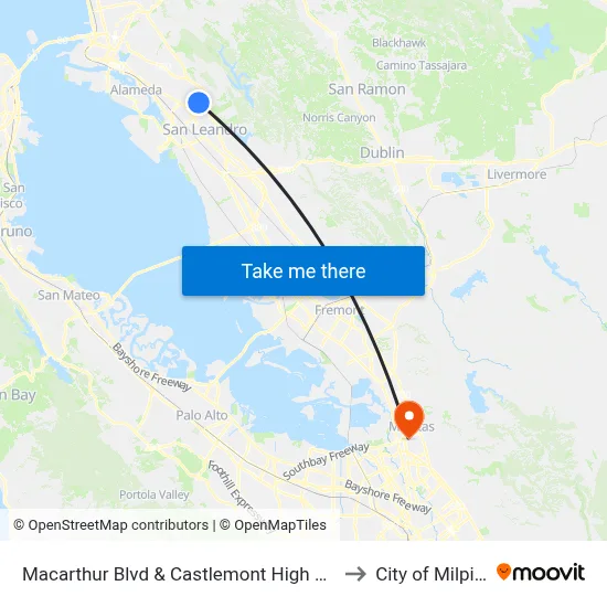 Macarthur Blvd & Castlemont High School to City of Milpitas map