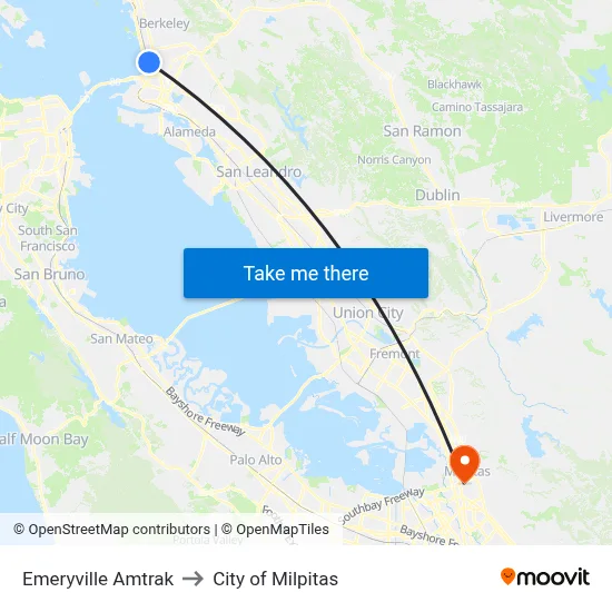 Emeryville Amtrak to City of Milpitas map