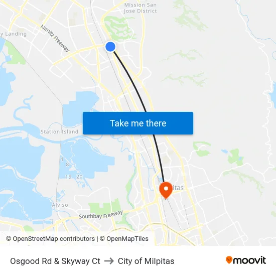 Osgood Rd & Skyway Ct to City of Milpitas map