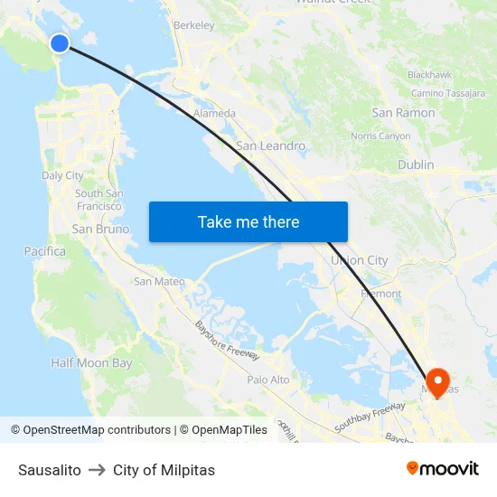 Sausalito to City of Milpitas map