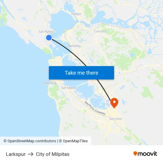 Larkspur to City of Milpitas map