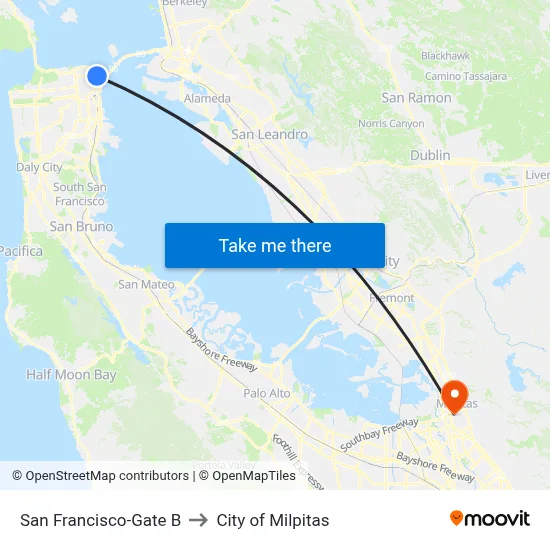 San Francisco-Gate B to City of Milpitas map