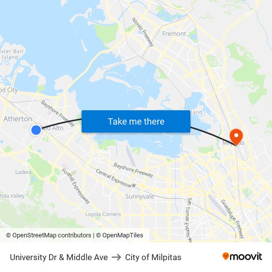 University Dr & Middle Ave to City of Milpitas map