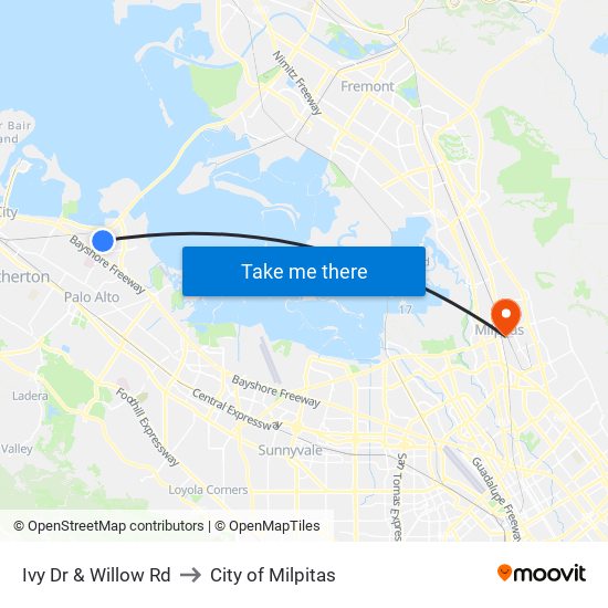 Ivy Dr & Willow Rd to City of Milpitas map