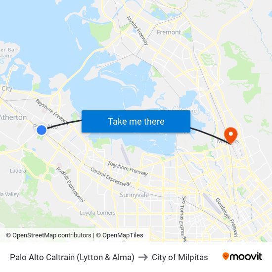 Palo Alto Caltrain (Lytton & Alma) to City of Milpitas map