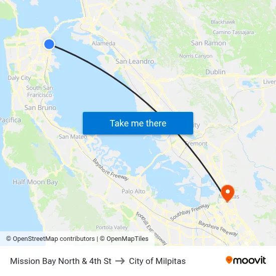 Mission Bay North & 4th St to City of Milpitas map