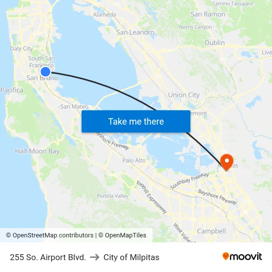 255 So. Airport Blvd. to City of Milpitas map