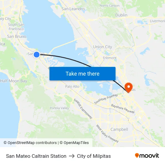San Mateo Caltrain Station to City of Milpitas map
