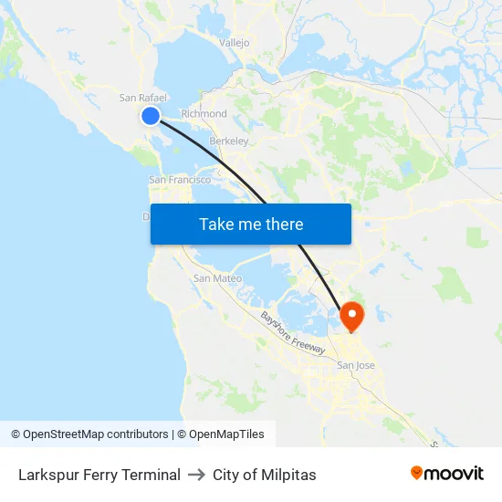 Larkspur Ferry Terminal to City of Milpitas map