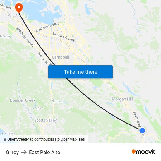 Gilroy to East Palo Alto map