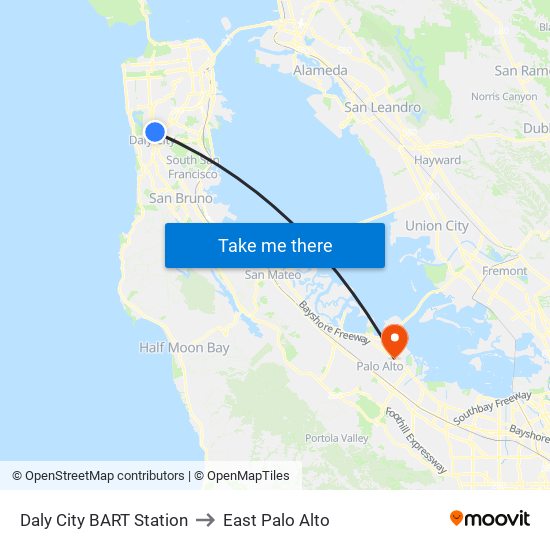 Daly City BART Station to East Palo Alto map