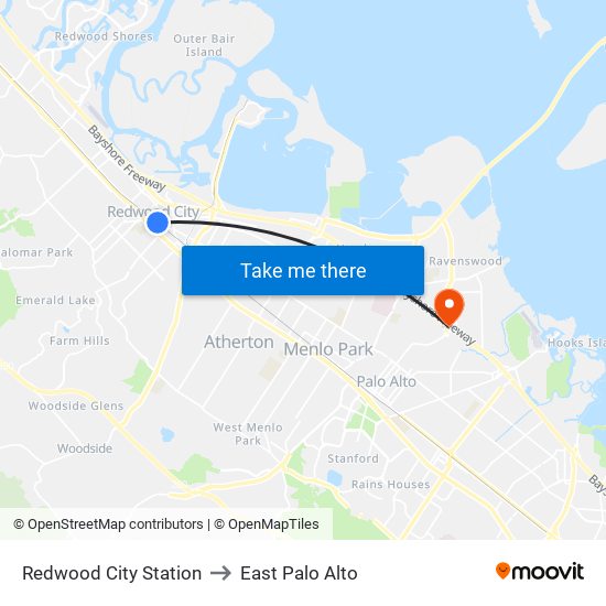 Redwood City Station to East Palo Alto map