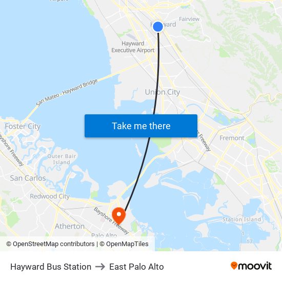 Hayward Bus Station to East Palo Alto map