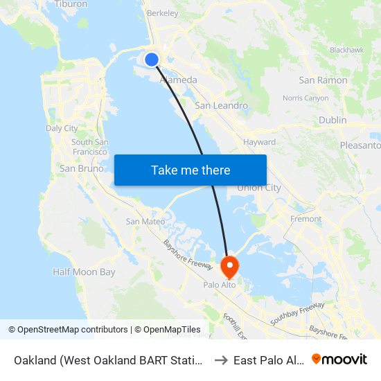 Oakland (West Oakland BART Station) to East Palo Alto map