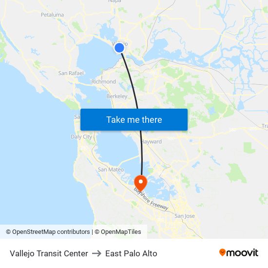 Vallejo Transit Center to East Palo Alto map
