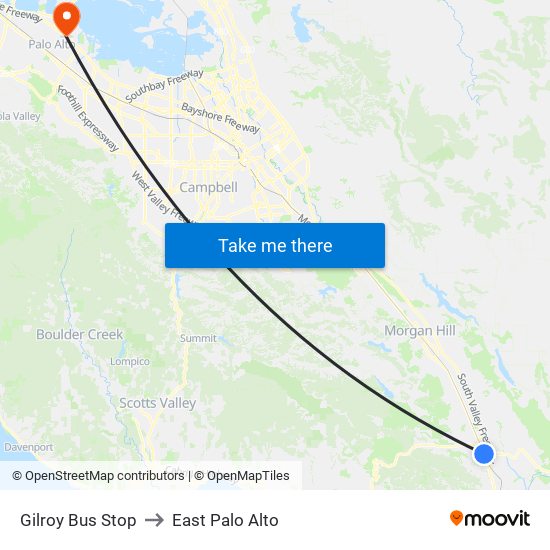 Gilroy Bus Stop to East Palo Alto map