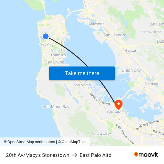 20th Av/Macy's Stonestown to East Palo Alto map