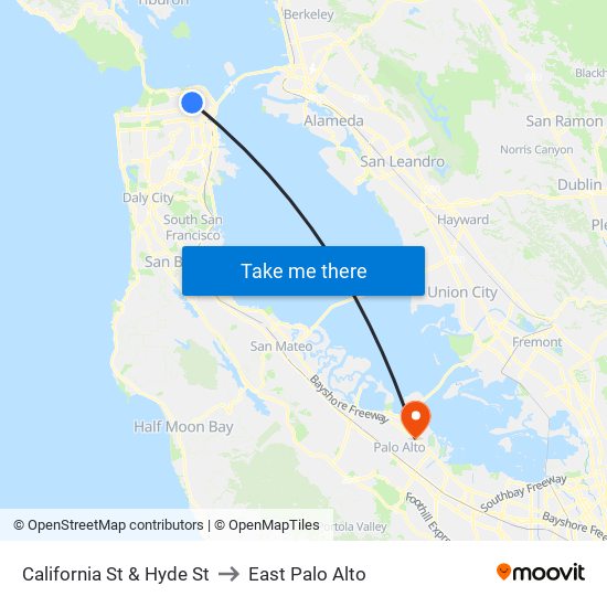 California St & Hyde St to East Palo Alto map