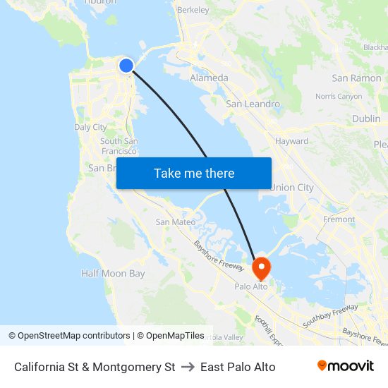 California St & Montgomery St to East Palo Alto map