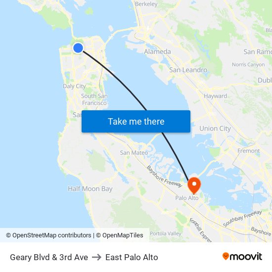 Geary Blvd & 3rd Ave to East Palo Alto map