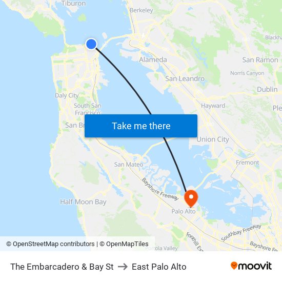 The Embarcadero & Bay St to East Palo Alto map