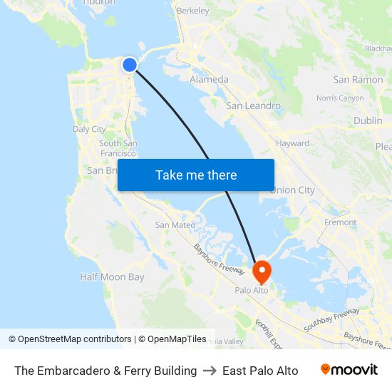 The Embarcadero & Ferry Building to East Palo Alto map