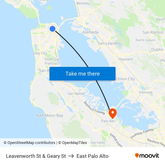 Leavenworth St & Geary St to East Palo Alto map