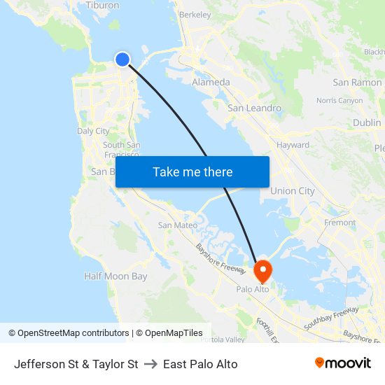 Jefferson St & Taylor St to East Palo Alto map