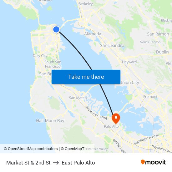 Market St & 2nd St to East Palo Alto map