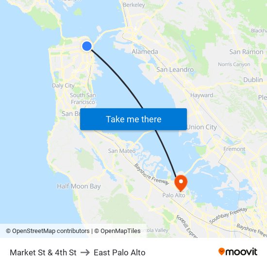 Market St & 4th St to East Palo Alto map